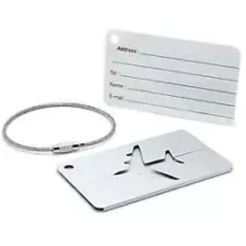 Silver Luggage Tag LOT‎ 2 Airplane Travel Suitcase Label Aluminum Secure Cable